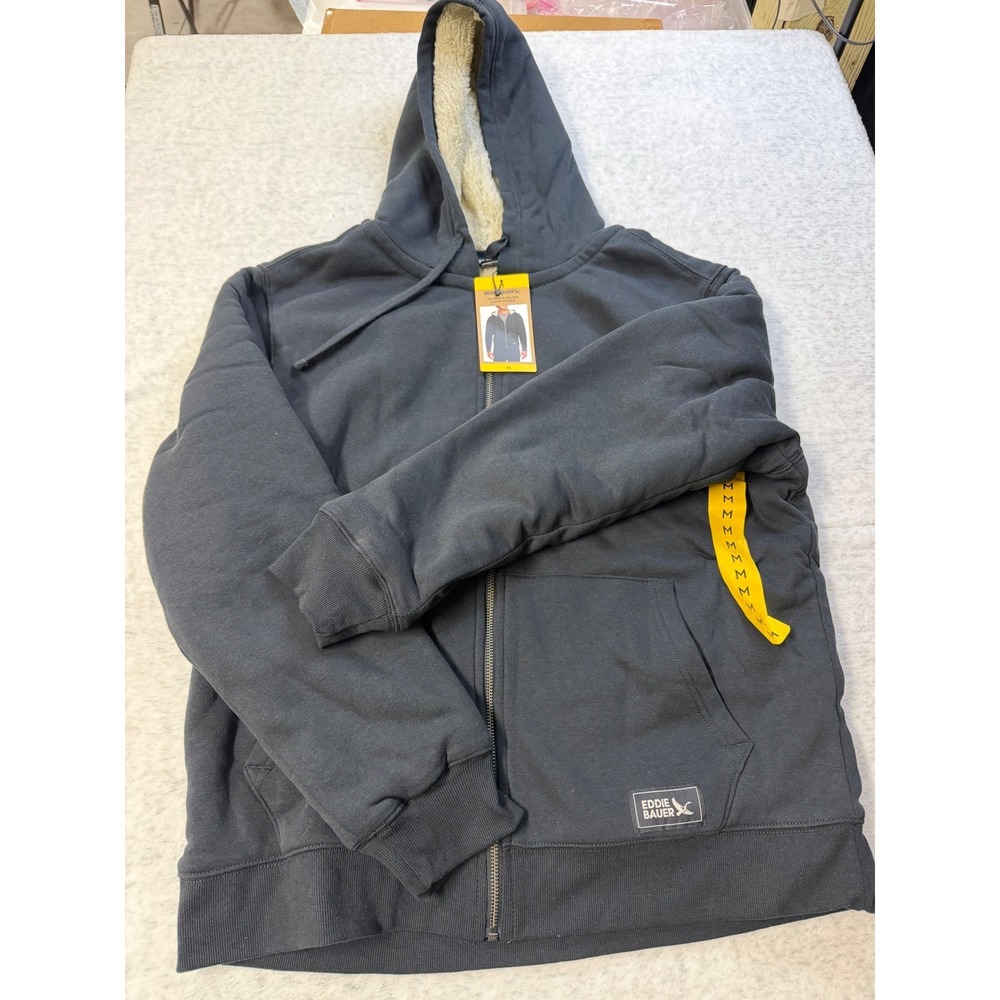 Eddie Bauer Mens Faux Shearling Lined Full Zip Hoodie Black EB010751 Size M NWT